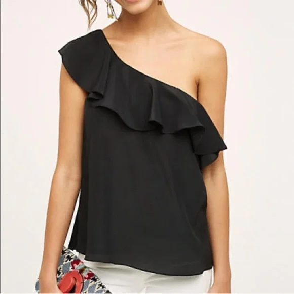 Theory Asymmetrical, One-shoulder Silk Blouse with Ruffle - Picture 1 of 12